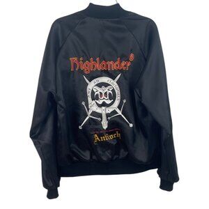 Highlander Antioch Vintage Satin Jacket Black Embroidered Lettering Mens Large